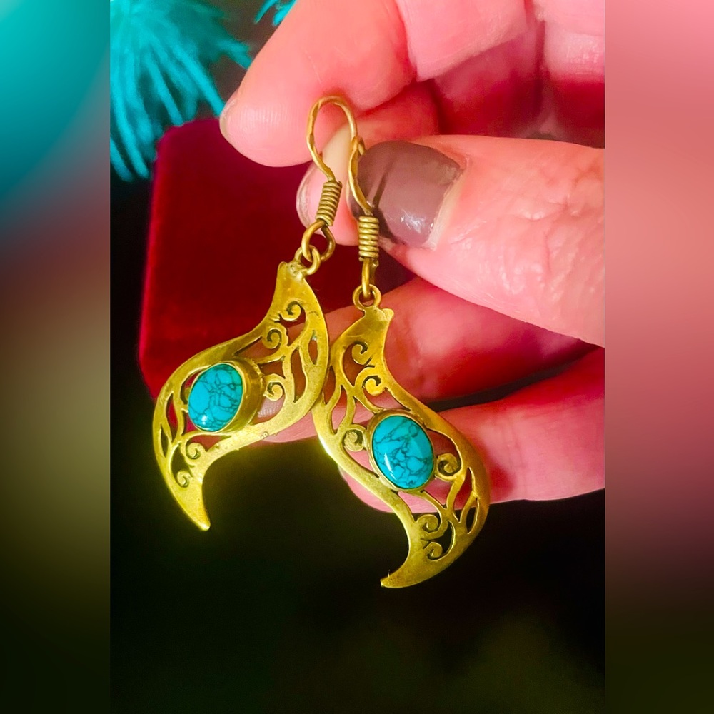 Vintage Boho Brass and Turquoise Earrings